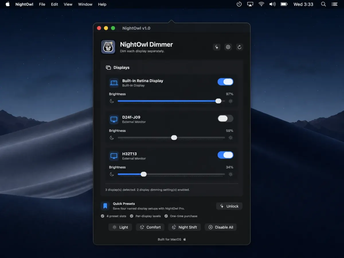 NightOwl display dimming application floating over a nighttime Mac desktop